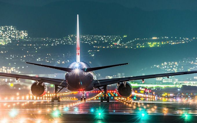 plane runway airport night lights
