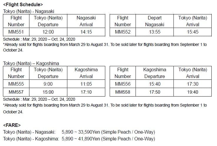 peach tokyo2nagasaki kagoshima schedule fare