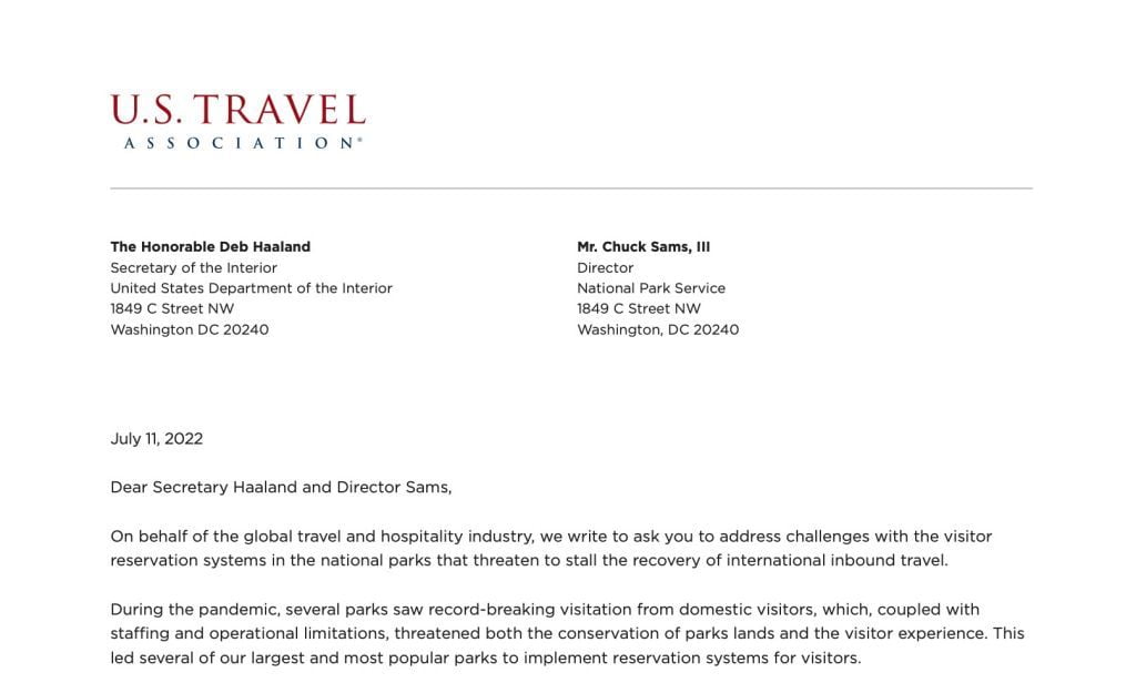 letter To Reform National Park Visitor Reservation Systems