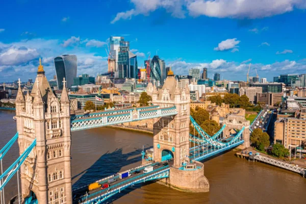 Aerial panoramic cityscape view of the London Tower Bridge