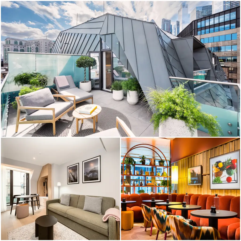 New London Hotels, Uk 2022 – 2023 - 2024 - 2025 6 Collage of Wilde Aparthotels London Liverpool Street showcasing a rooftop terrace, a modern apartment interior, and a stylish dining area.