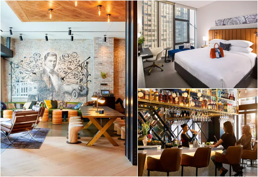 Interior and exterior views of Arlo Chicago hotel, including a guest room, lobby, and bar area