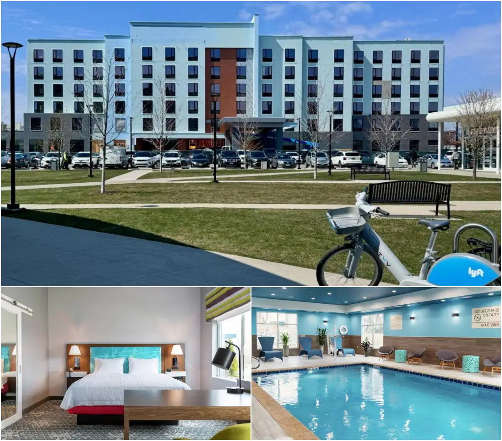Exterior, guest room, and indoor pool views of Hampton Inn & Suites Chicago Medical District UIC.