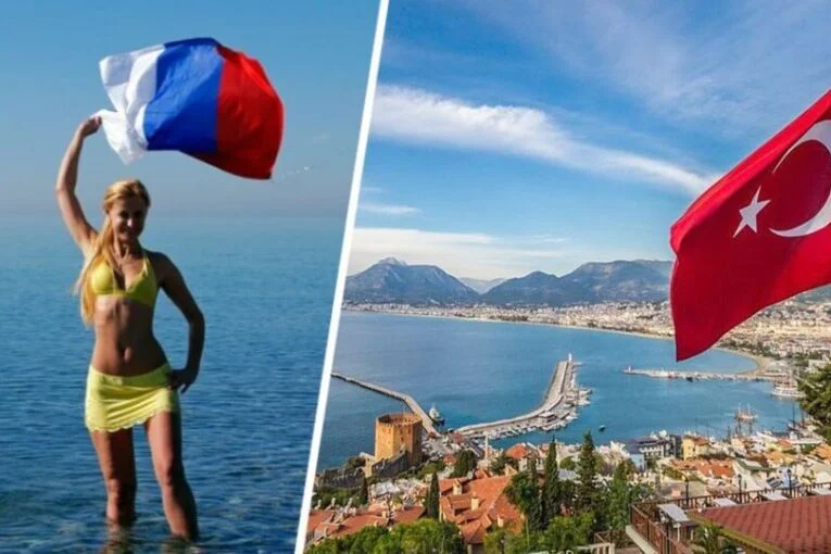 A split image showing a Russian tourist waving a Russian flag while standing in the sea on the left, and a Turkish flag flying over a scenic coastal city on the right.