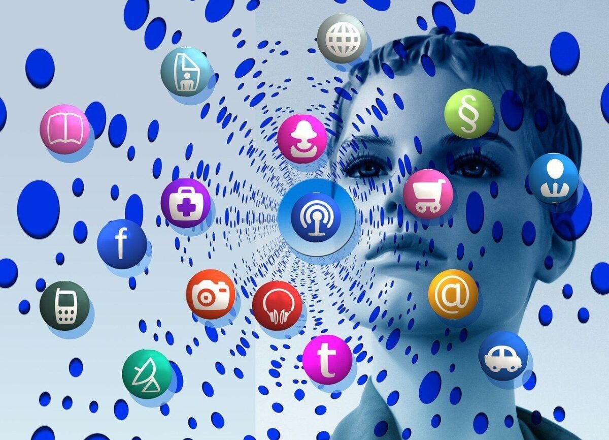 A digital illustration of a human face surrounded by floating icons representing various apps and online services, set against a background of swirling blue dots and patterns.