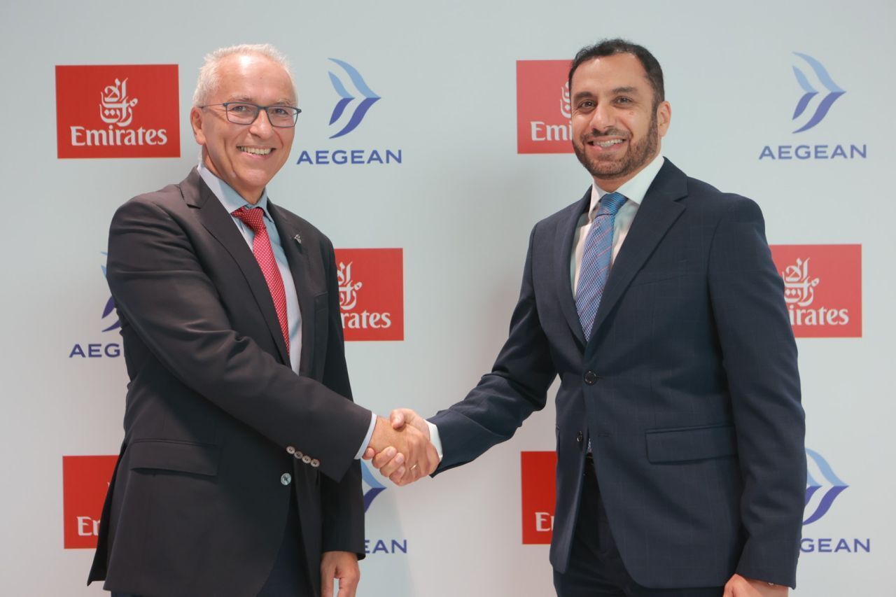 AEGEAN CEO Dimitris Gerogiannis and Emirates CCO Adnan Kazim
