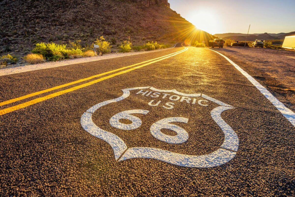 Tulsa Fest celebration of Route 66 with a sunrise view of the historic highway in the Mojave Desert.