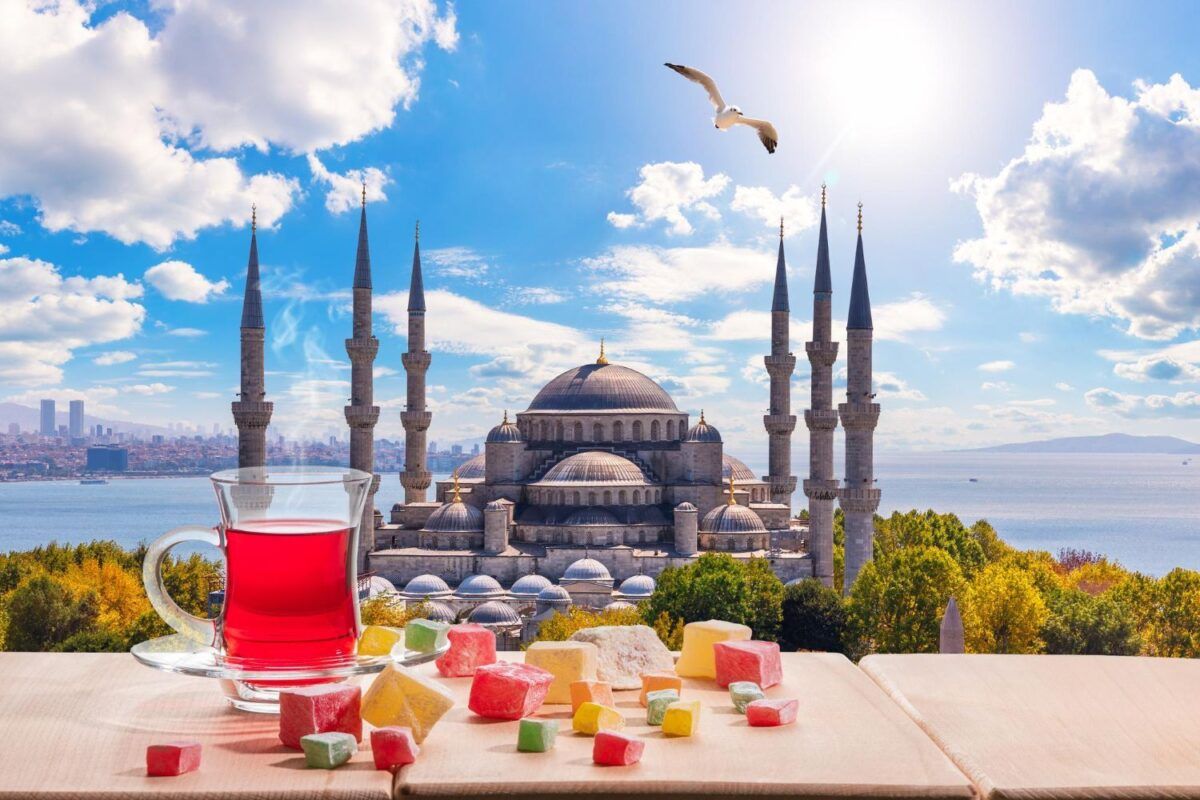 Istanbul Blue Mosque view with Turkish tea
