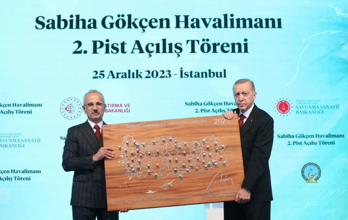 President Recep Tayyip Erdoğan and Transportation Minister Abdulkadir Uraloğlu open Istanbul Sabiha Gokcen Airport's second runway on December 25, 2023