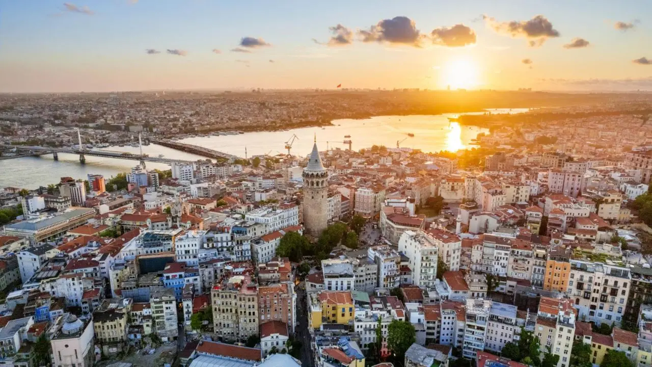 Sunset in Istanbul, drone view Galata Tower and Golden Horn