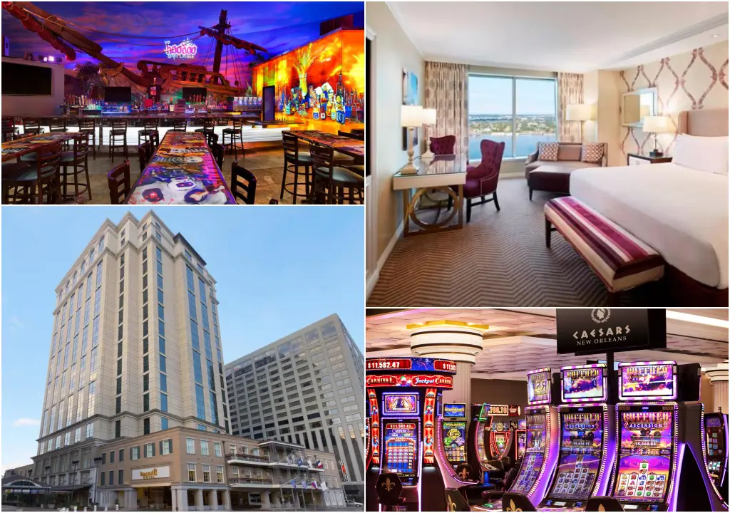 Interior and exterior views of Caesars New Orleans, including the casino, hotel room, and restaurant.