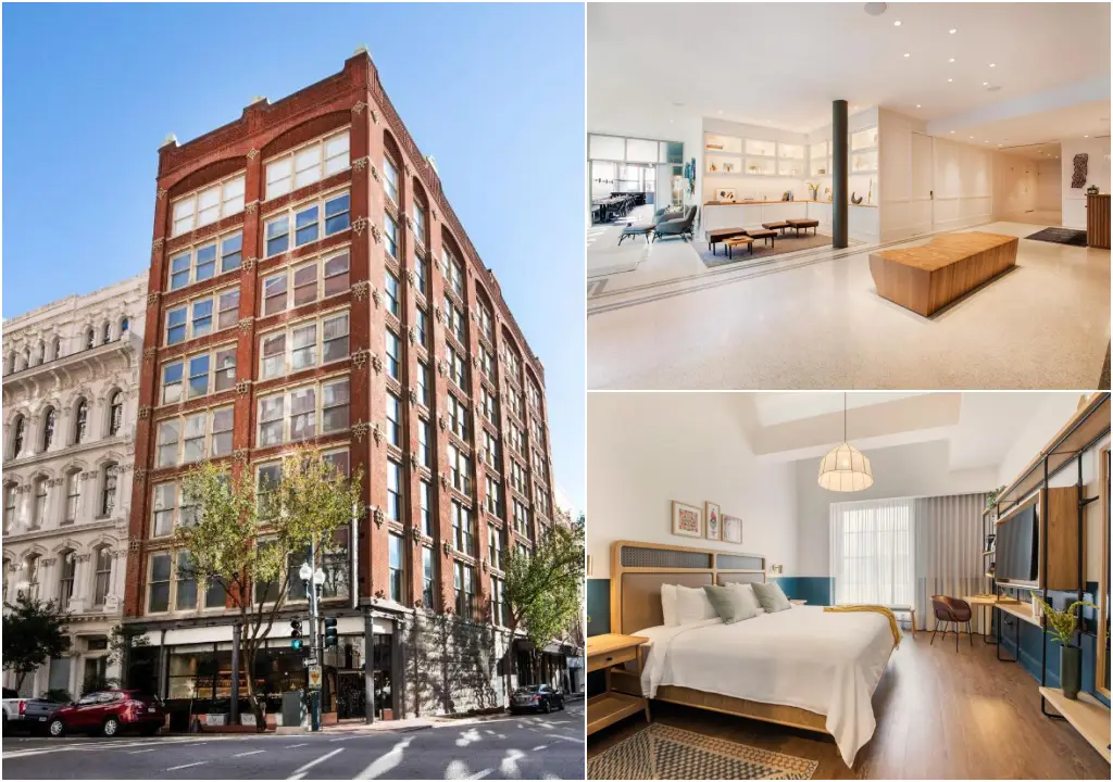 New hotels in New Orleans: Exterior and interior views of Hotel Theo in New Orleans, featuring a historic brick façade, modern lobby, and a stylish guest room.
