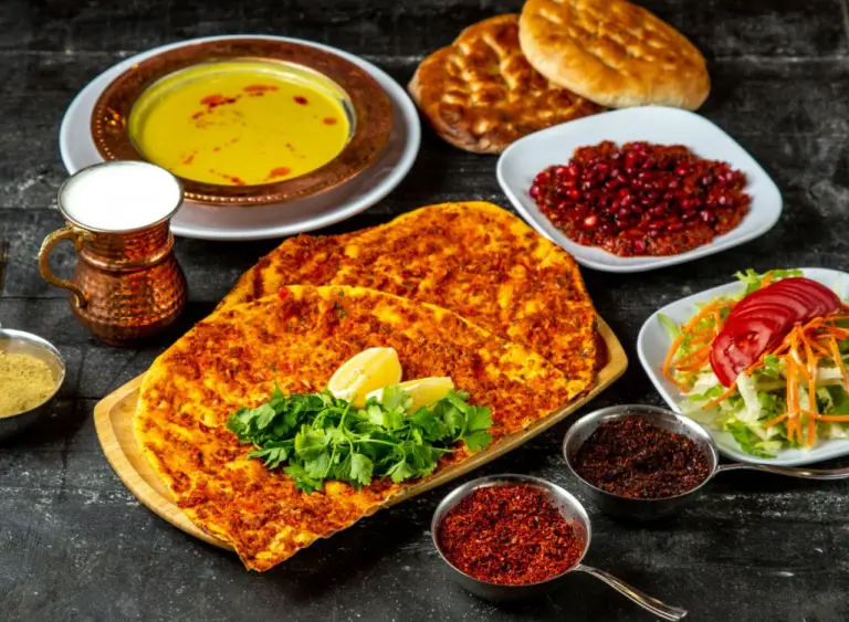 Turkish food, lahmacun, soup, salad, ayran