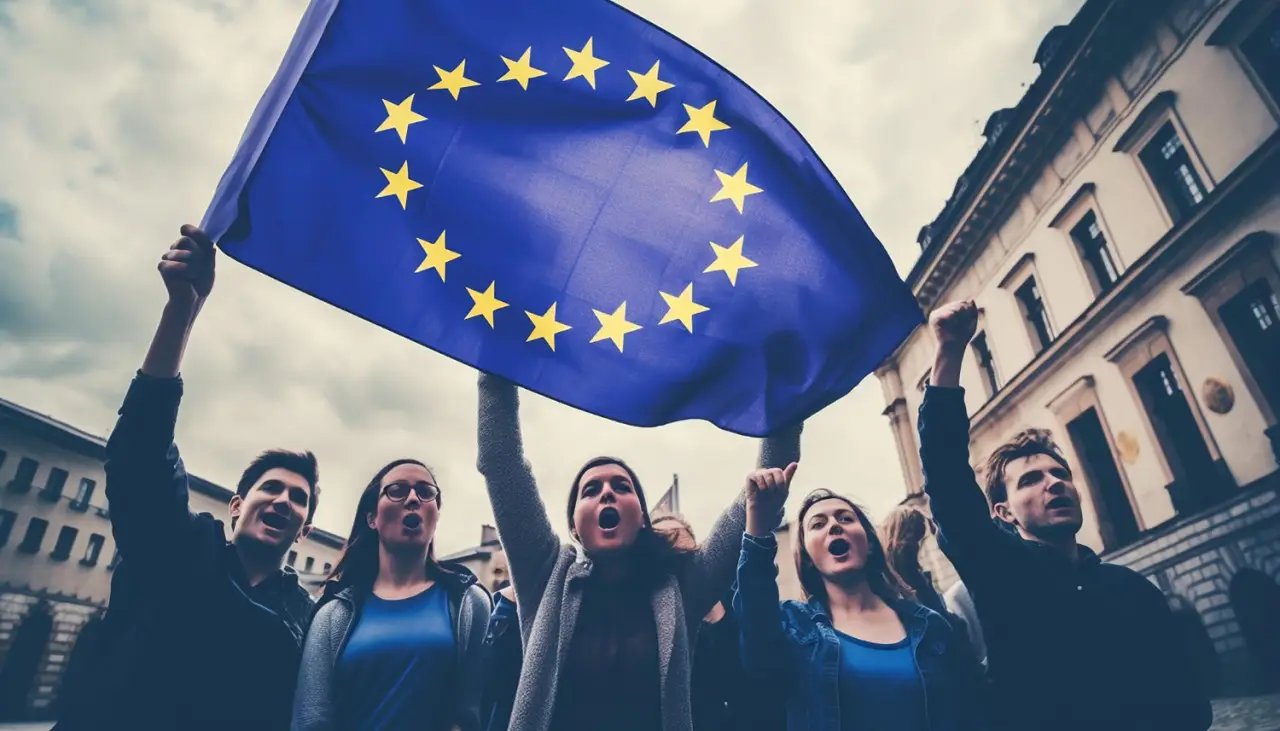 A group of young people is waving EU Flag, Schengen accession