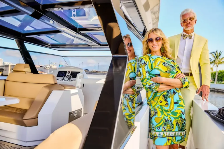 Palm Beach style, a fashionable couple on a yacht