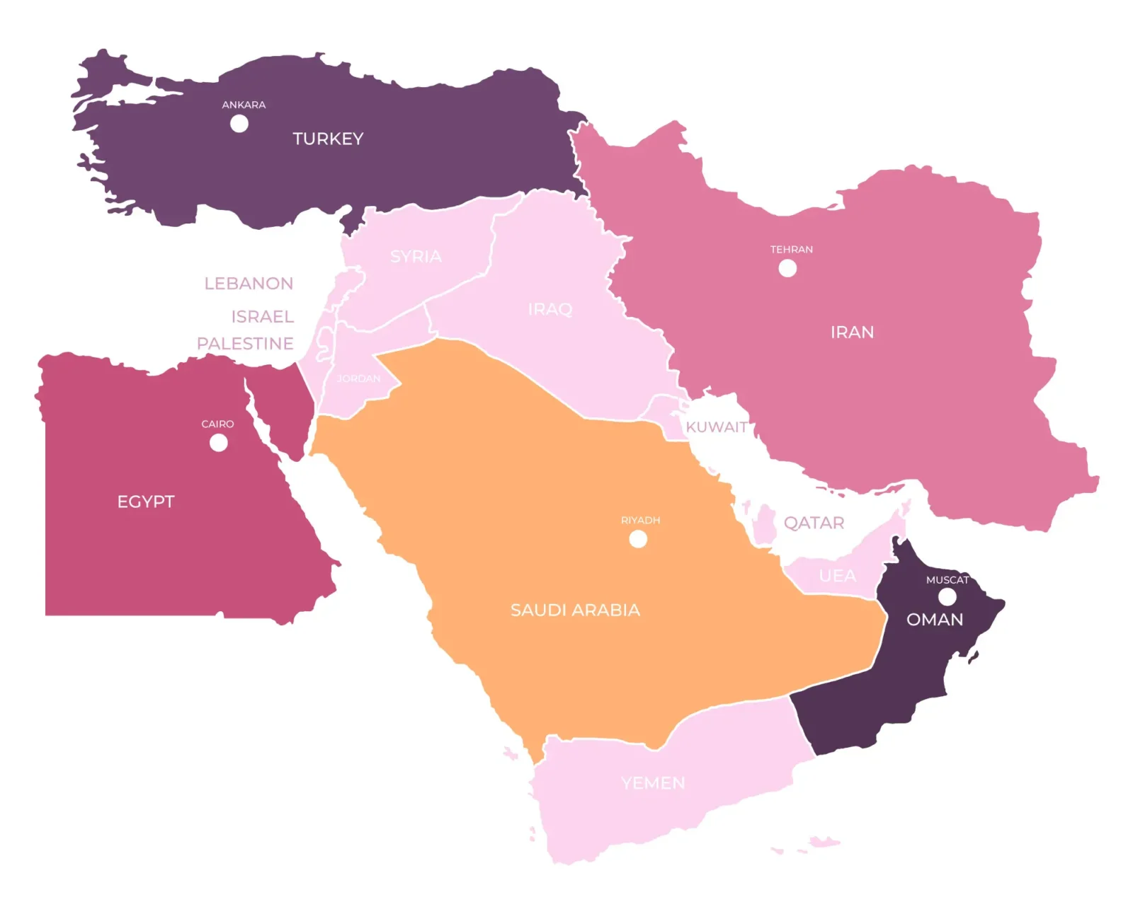 multi-color map of middle east countries and their capitals