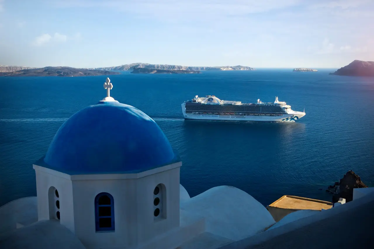 A Princess cruises ship sails near Santorini Greece