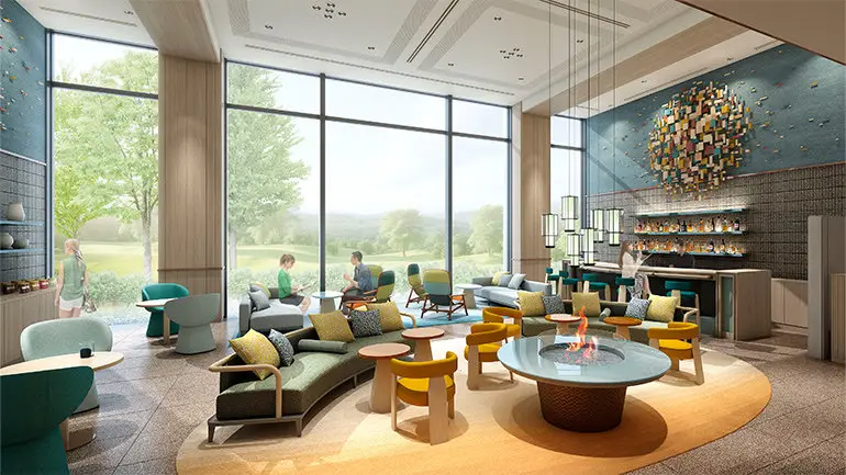 Rendering of ANA Holiday Inn Resort Karuizawa lobby with seating and bar