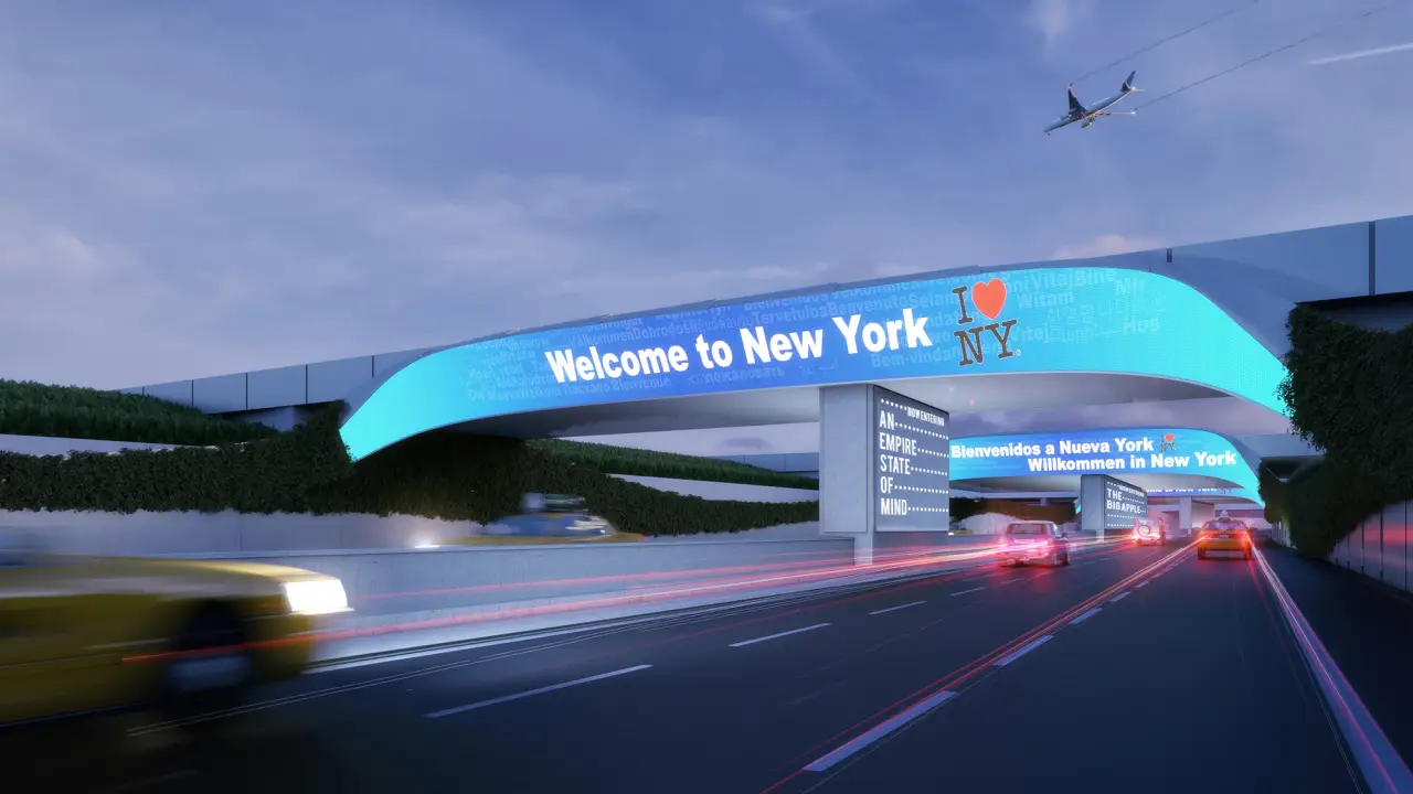 Welcome to New York sign above the highway
