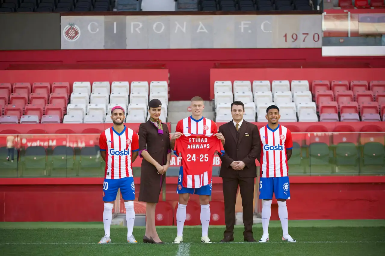 Etihad Airways brand name on the Girona FC shirts as part of the sponsorship agreement