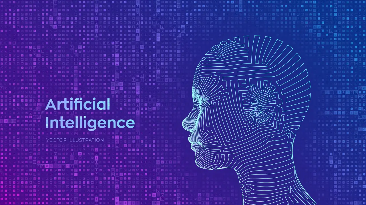Artificial Technology AI Abstract wireframe digital human female face on streaming matrix digital binary code background.