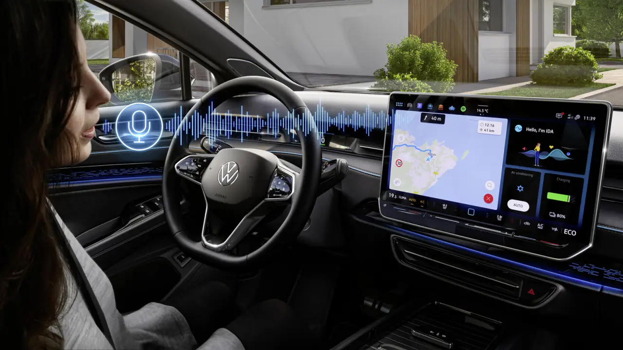 woman driver of a Volkswagen car Interacts with ChatGPT via the IDA voice assistant.