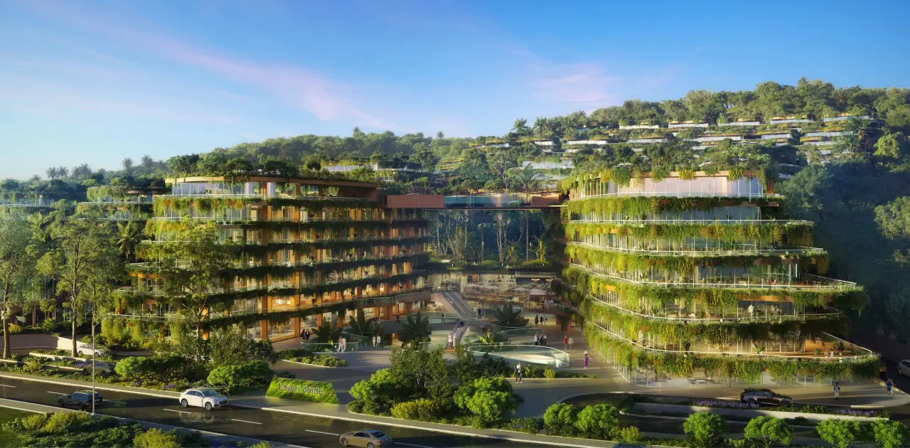 Rendering of exterior facade of a luxury hotel and apartment complex hidden in the green nature