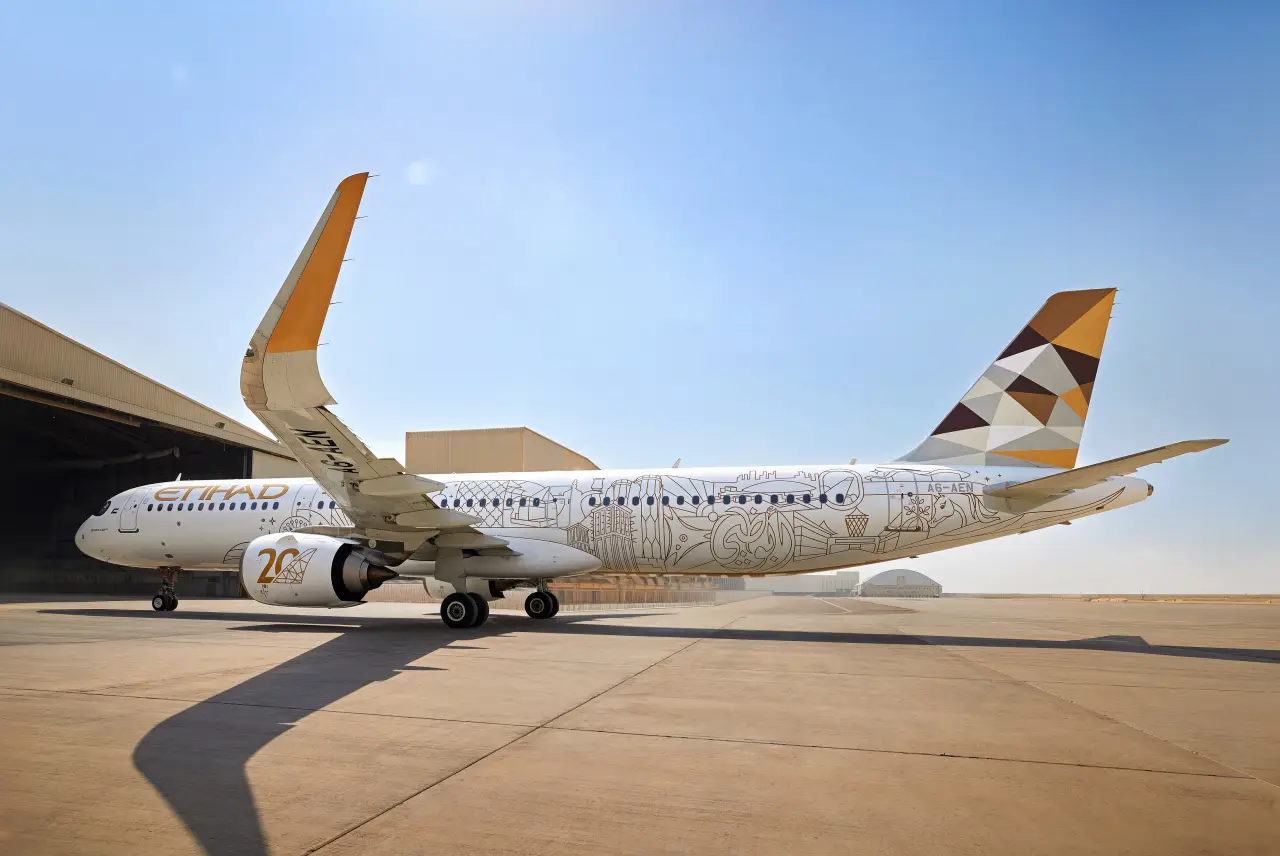 Etihad's 20th aniversary livery design with Abu Dhabi landmarks on aircraft