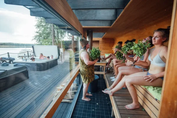 Women enjoy sauna in Lehmonkarki during summer