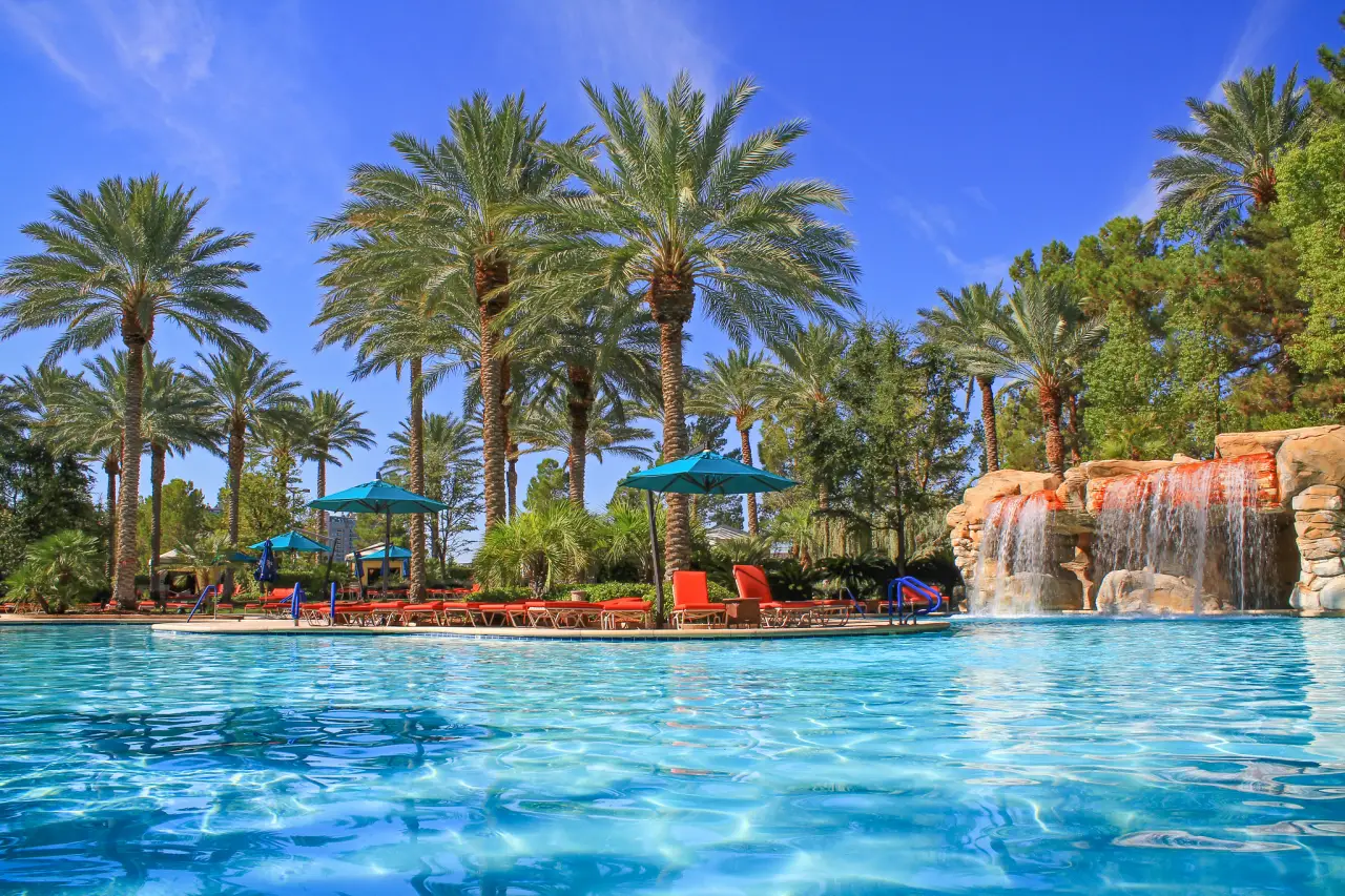 Jw Marriott Las Vegas Resort &Amp; Spa Announces Spa, Pool, Dining Offers In July 1 Outdoor swimming pool and waterfall at JW Marriott Las Vegas Resort
