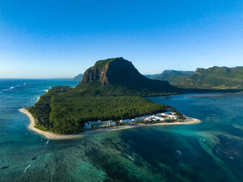 Aerial view of Riu's new Mauritius properties at the foothills of the famous Le Morne Brabant.