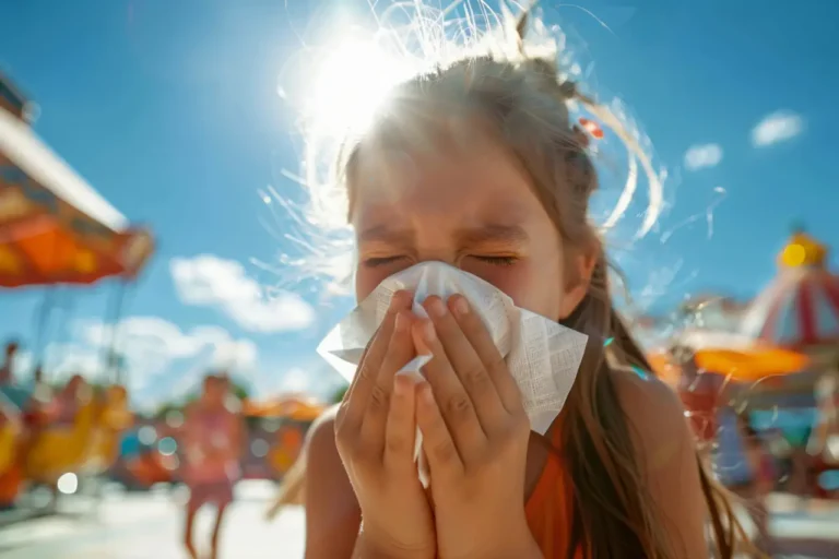 sick kid sneezing in summer