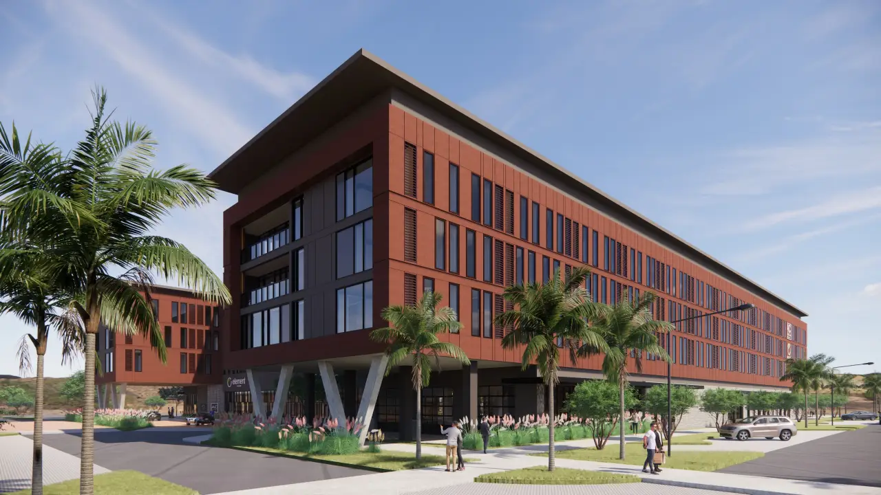 Rendering of the dual-branded AC Hotel by Marriott and Element by Westin development in Phoenix, featuring modern architecture with palm trees in the foreground.