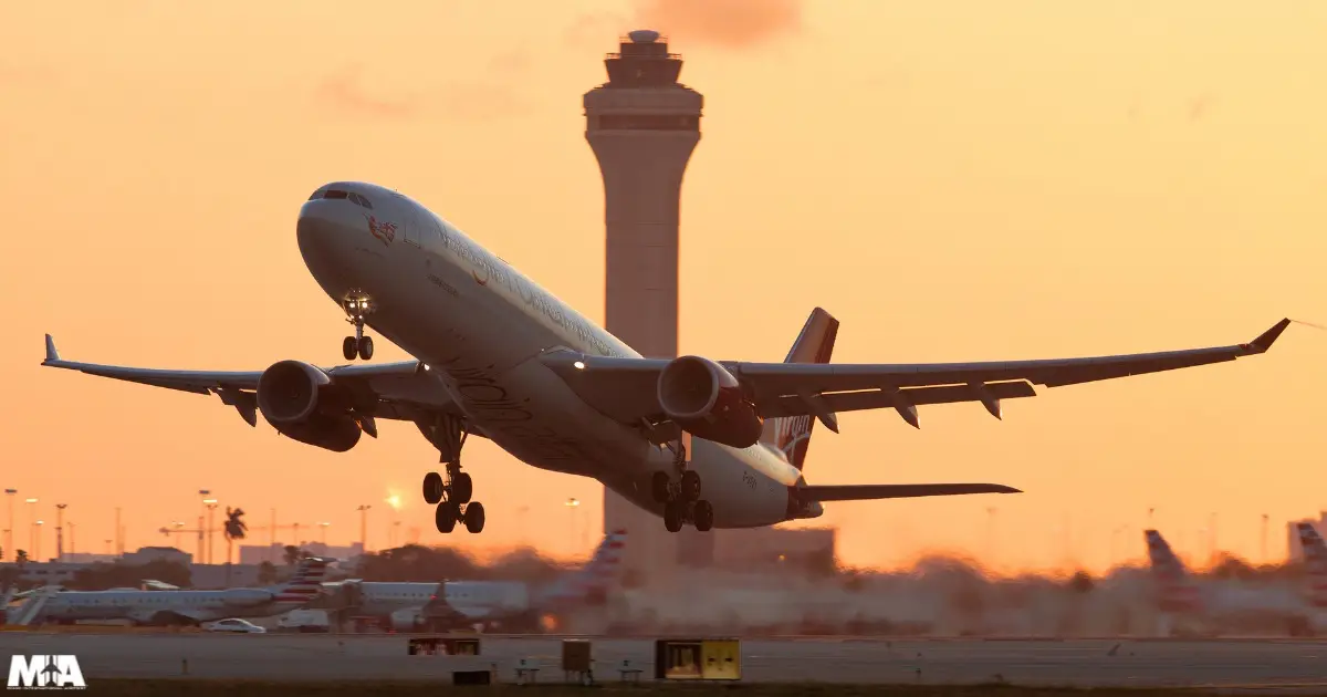 A Virgin Atlantic plane takes off from MIA