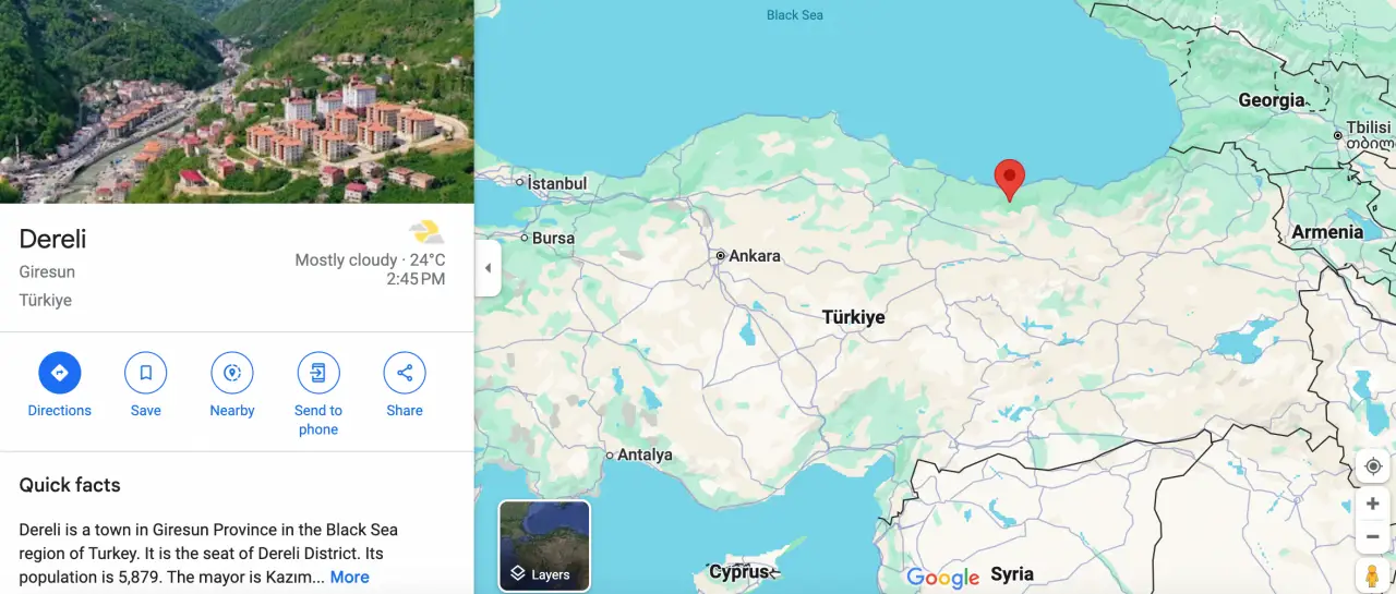 Map view of Dereli, Giresun in Turkey, showing its location in the Black Sea region.