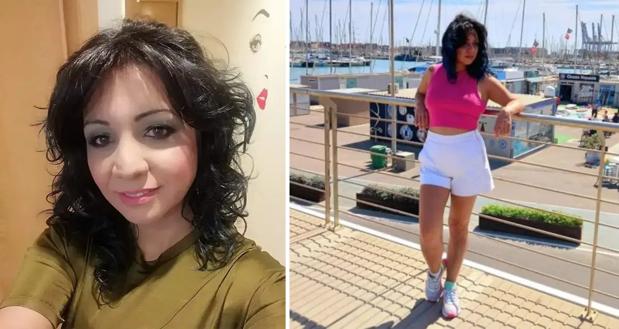 Two images side by side of Perla Virginia Baez Garay. On the left, she is seen smiling indoors with dark, wavy hair wearing a brown top. On the right, she is standing outdoors near a marina, wearing a pink crop top and white shorts, with a relaxed pose.