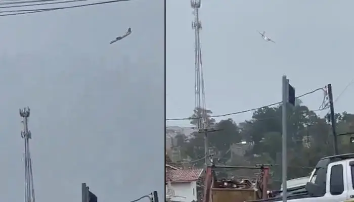 Two images of a Voepass Airlines ATR-72 plane spiraling uncontrollably in the sky, just before crashing near São Paulo, Brazil. The plane is captured in a downward spin, with visible communication towers and urban structures in the foreground.