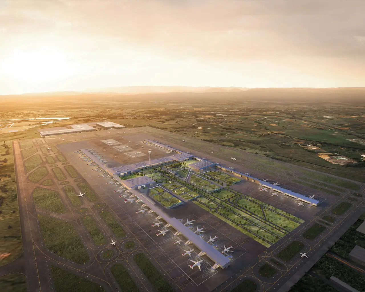 erial render of the future Western Sydney International Airport at sunset.