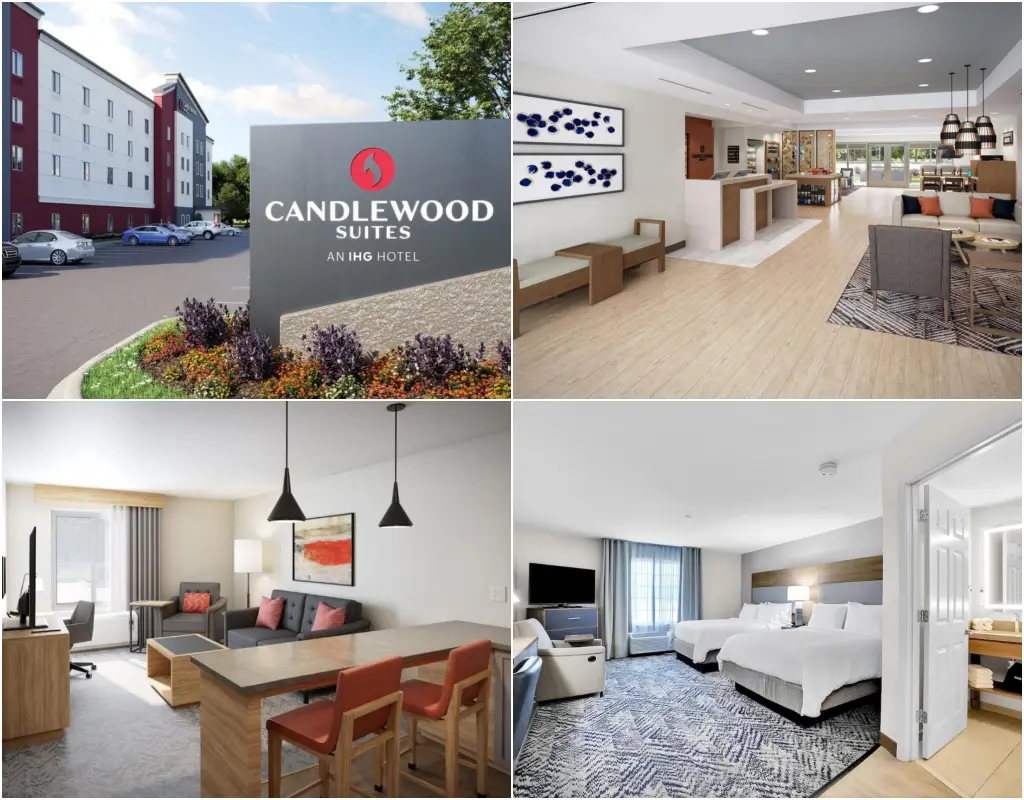 Exterior and interior views of Candlewood Suites Atlanta-Smyrna, featuring guest rooms, lobby, and hotel entrance.