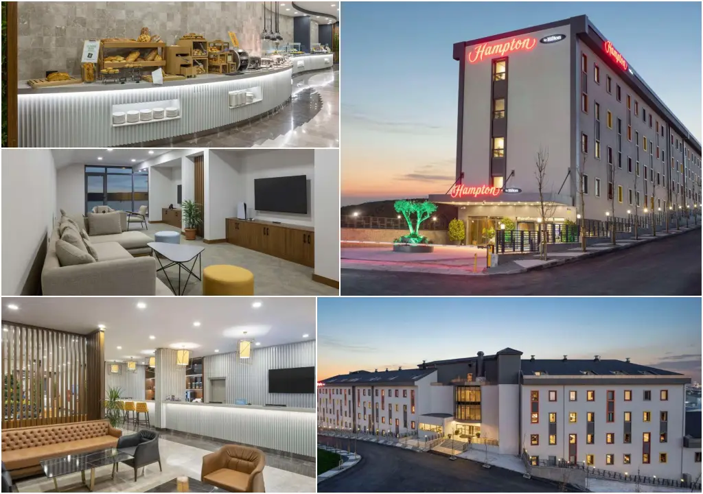 A collage showcasing Hampton by Hilton Istanbul Arnavutkoy, featuring the hotel’s exterior, lobby, dining area, and lounge spaces.