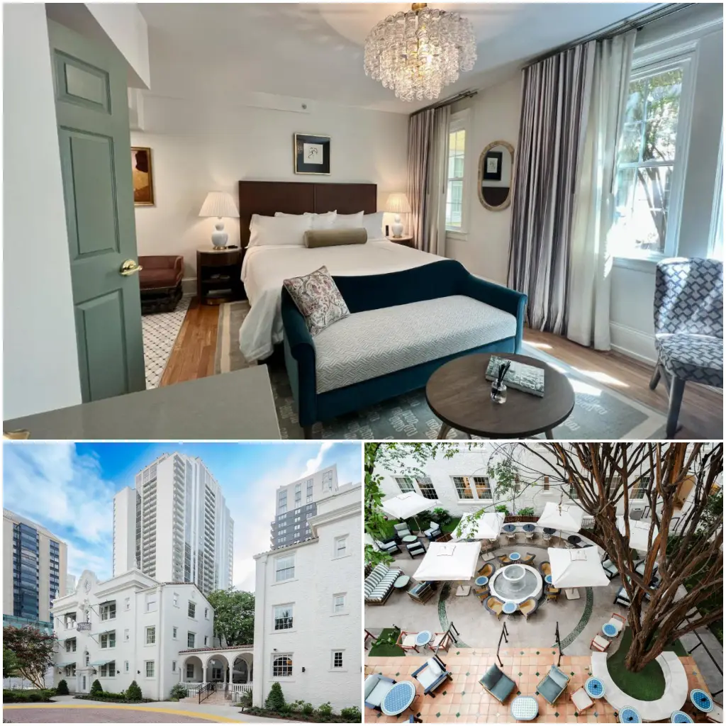 Interior and exterior views of Hotel Granada in Midtown Atlanta, featuring a guest room, historic architecture, and a peaceful courtyard.
