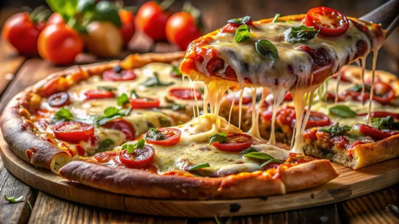 A freshly baked Margherita pizza topped with melted mozzarella, cherry tomatoes, and fresh basil, with a slice being lifted, showcasing melted cheese.