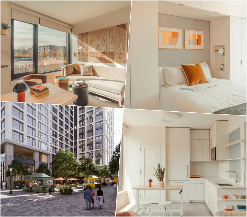 New hotels in Atlanta, GA: Interior and exterior views of Scout Living at Ponce City Market.