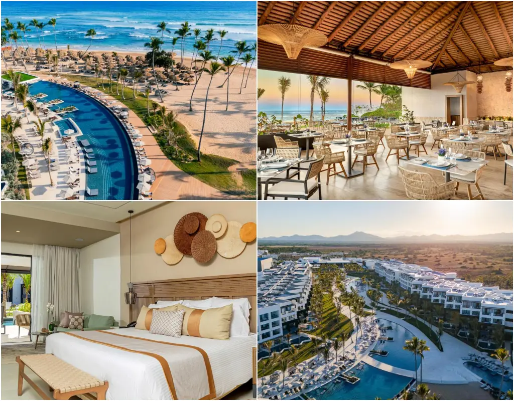 Collage of Secrets Tides Punta Cana Resort features a beachfront pool, dining areas with ocean views, modern rooms, and aerial views of the resort.