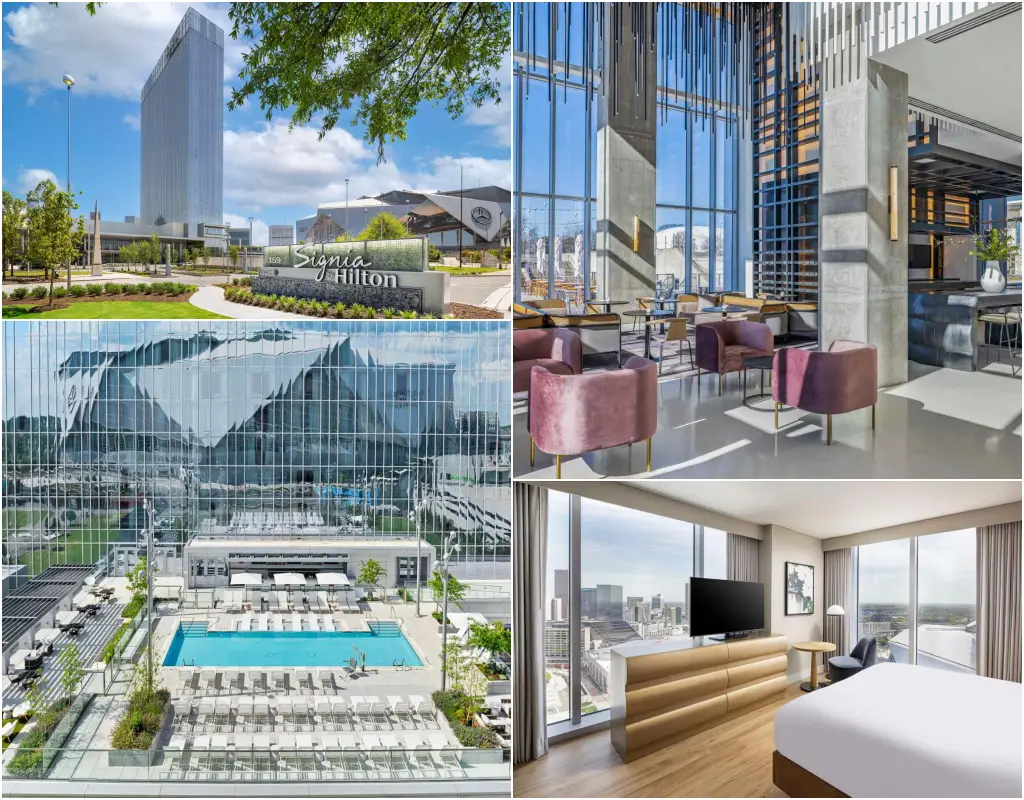 Exterior, lobby, pool, and guest room views of Signia by Hilton Atlanta, featuring modern architecture and luxury amenities.