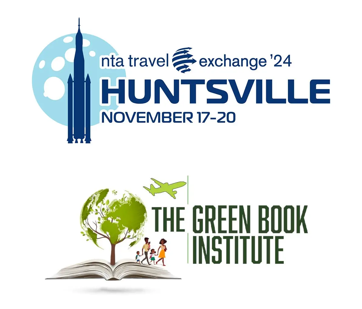 Logo for NTA Travel Exchange 2024 in Huntsville with a rocket illustration, alongside The Green Book Institute logo with a globe, plane, and open book.