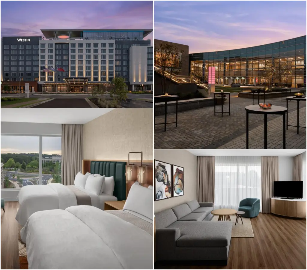 Exterior and interior views of The Westin Atlanta Gwinnett, featuring guest rooms, event spaces, and modern design.