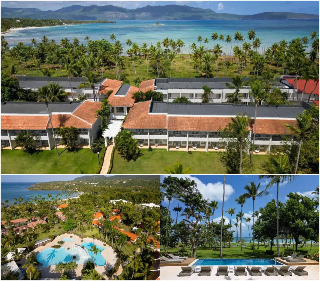 An aerial view of Wyndham Oltra Samana, one of the Dominican Republic's newest all-inclusive resorts, featuring beachfront views, a pool area and lush tropical gardens.