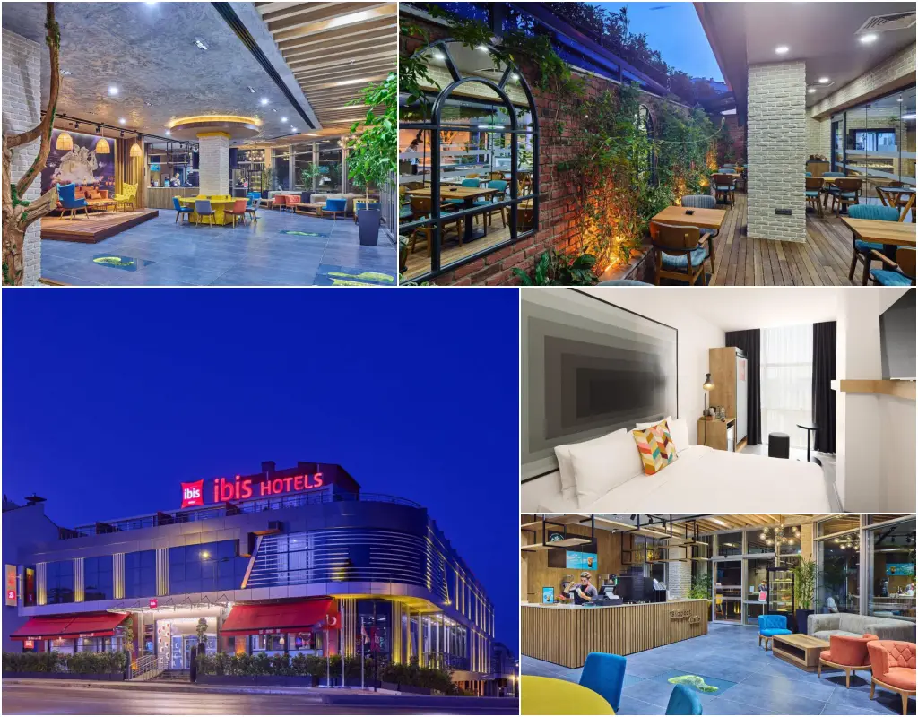 A collage featuring Ibis Istanbul Airport Hotel, one of the best hotels near the Istanbul Airport, showcasing its modern exterior, vibrant dining and lounge areas, and comfortable guest rooms.