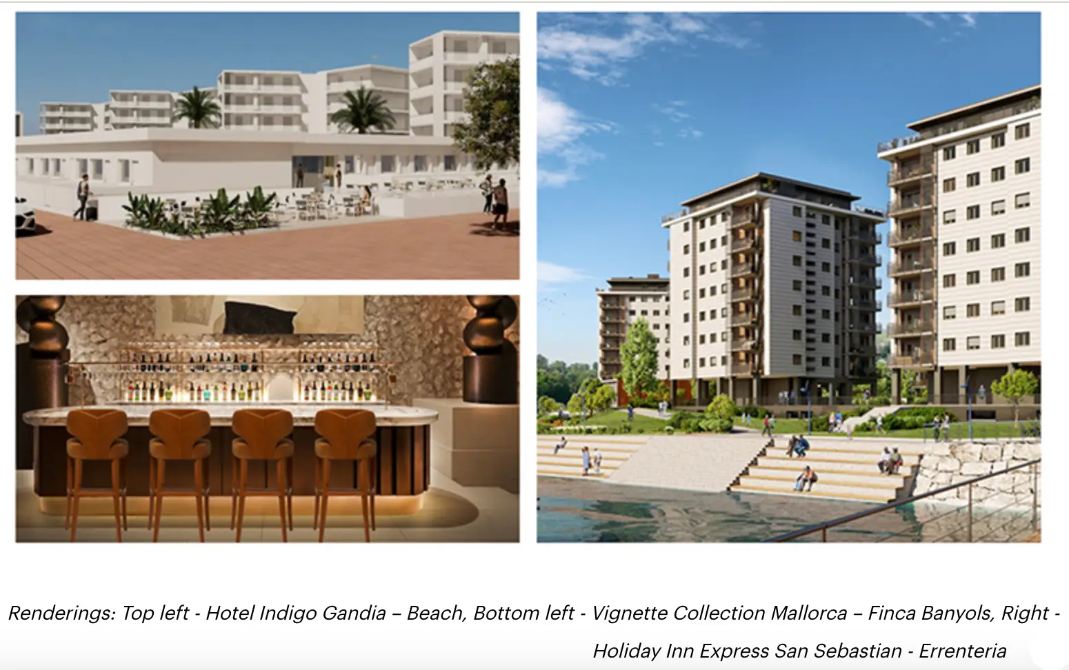 Renderings of IHG's three new hotels in Spain, including Hotel Indigo Gandia – Beach (top left), Vignette Collection Mallorca – Finca Banyols (bottom left), and Holiday Inn Express San Sebastian – Errenteria (right).